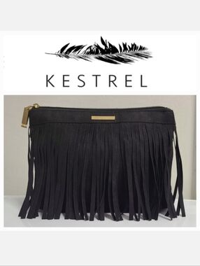 KESTREL Black Faux Suede Fringe Accessory Clutch Bag with Wristlet Strap